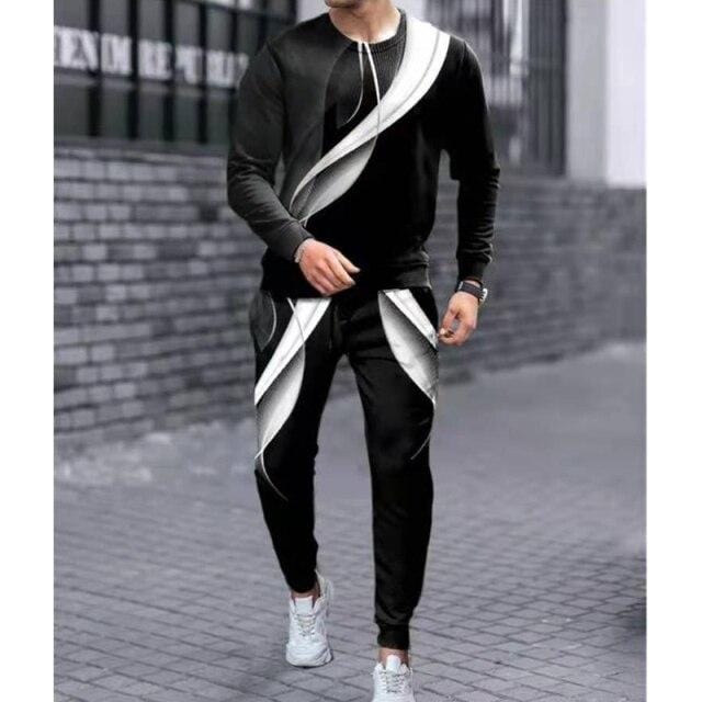 Spring Autumn New Men O-Neck Long Sleeve T-shirt+Trousers Sports Loose Two-piece Casual Suit 3D Glare Camouflage Printed Set