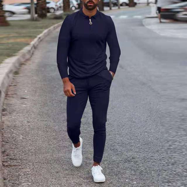 Trening pentru bărbați Haine de primăvară toamnă Îmbrăcăminte sportivă Set 2 piese Tricou polo cu mânecă lungă + Pantaloni Trening solid Costume sportive pentru bărbați