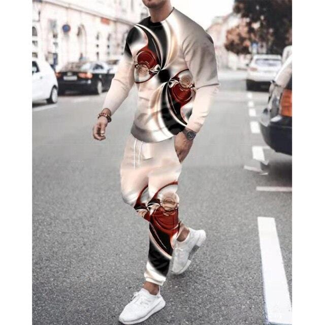 Men Tracksuit Men Sportsuit Gentlemen Vintage 3D Color Print Long Sleeve Tops+Sweatpants Set Gyms Casual Oversiz Sportswear Suit