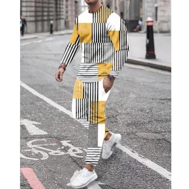 Men Tracksuit Men Sportsuit Gentlemen Vintage 3D Color Print Long Sleeve Tops+Sweatpants Set Gyms Casual Oversiz Sportswear Suit