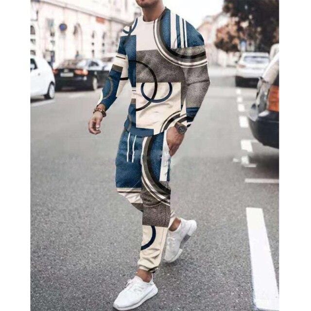 Men Tracksuit Men Sportsuit Gentlemen Vintage 3D Color Print Long Sleeve Tops+Sweatpants Set Gyms Casual Oversiz Sportswear Suit