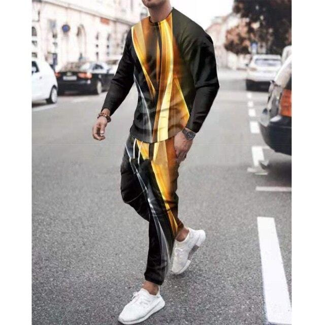 Men Tracksuit Men Sportsuit Gentlemen Vintage 3D Color Print Long Sleeve Tops+Sweatpants Set Gyms Casual Oversiz Sportswear Suit