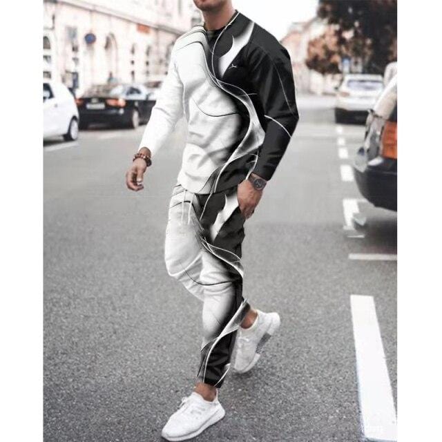 Men Tracksuit Men Sportsuit Gentlemen Vintage 3D Color Print Long Sleeve Tops+Sweatpants Set Gyms Casual Oversiz Sportswear Suit