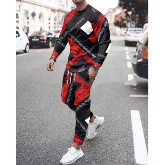 Men Tracksuit Men Sportsuit Gentlemen Vintage 3D Color Print Long Sleeve Tops+Sweatpants Set Gyms Casual Oversiz Sportswear Suit