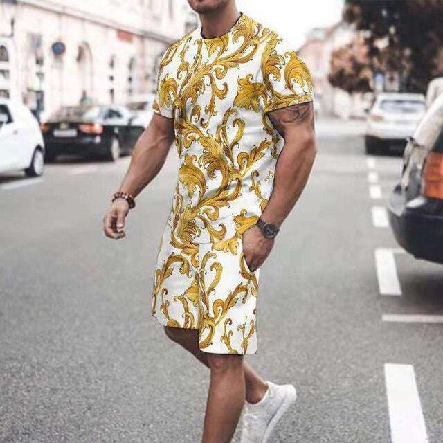 2021 Summer New Men Casual Sets Vintage National Printed Short Sleeve T-shirt +Shorts 2 Pieces Tracksuit Suit Men\s Sportswear