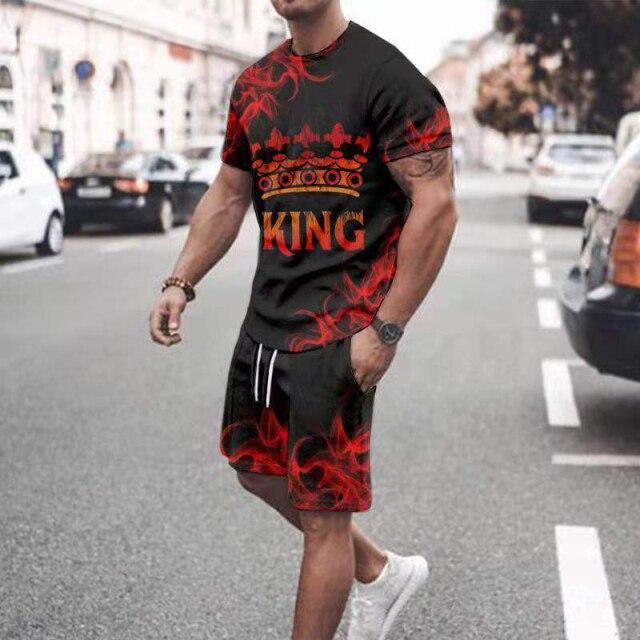 2021 Summer New Men Casual Sets Vintage National Printed Short Sleeve T-shirt +Shorts 2 Pieces Tracksuit Suit Men\s Sportswear