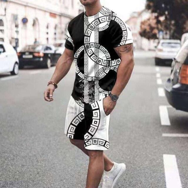 2021 Summer New Men Casual Sets Vintage National Printed Short Sleeve T-shirt +Shorts 2 Pieces Tracksuit Suit Men\s Sportswear