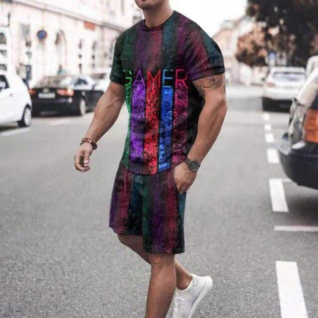 Vară 2021, seturi casual pentru bărbați, tricou cu mânecă scurtă cu imprimeu național vintage + pantaloni scurți, costum de trening, 2 piese, îmbrăcăminte sport pentru bărbați