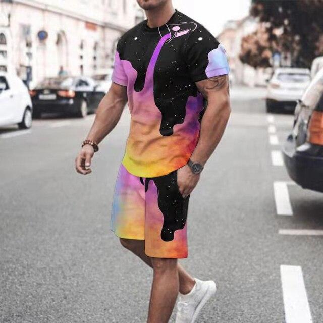 2021 Summer New Men Casual Sets Vintage National Printed Short Sleeve T-shirt +Shorts 2 Pieces Tracksuit Suit Men\s Sportswear