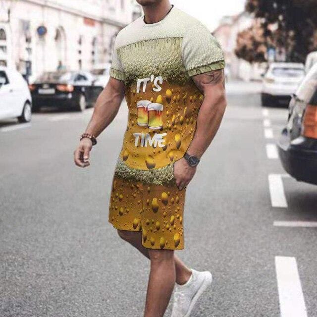 Vară 2021, seturi casual pentru bărbați, tricou cu mânecă scurtă cu imprimeu național vintage + pantaloni scurți, costum de trening, 2 piese, îmbrăcăminte sport pentru bărbați