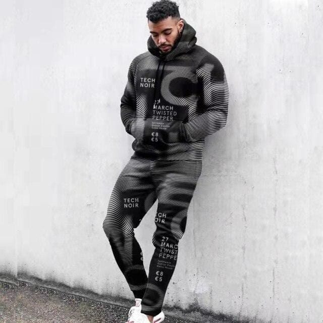 Autumn Winter Men's 2 Piece Set Vintage Print Casual Long Sleeve Pocket Oversize Hoodie Sweatshirt+Sweatpant Tracksuit Outfit