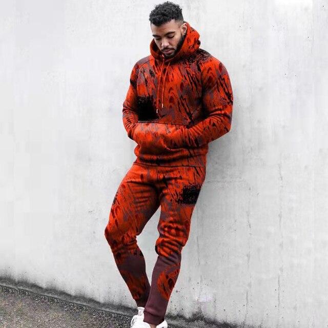 Autumn Winter Men's 2 Piece Set Vintage Print Casual Long Sleeve Pocket Oversize Hoodie Sweatshirt+Sweatpant Tracksuit Outfit