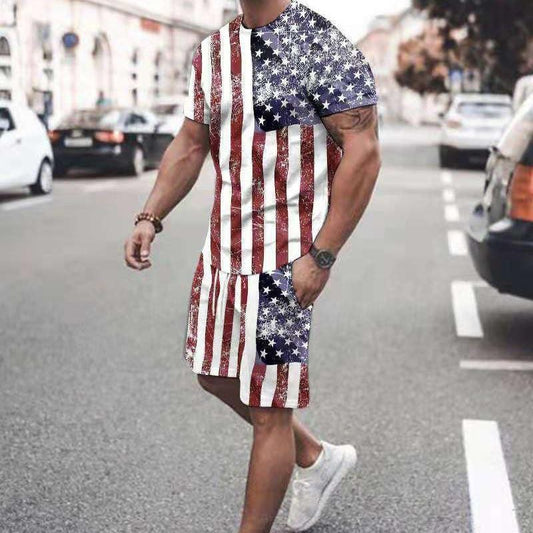 Summer New Men Casual Sports Suit Short Sleeve T Shirt+Shorts Vintage Flag Print Clothes 2 Pieces Set Oversize Tracksuit For Man