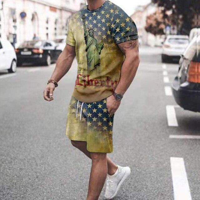 Summer New Men Casual Sports Suit Short Sleeve T Shirt+Shorts Vintage Flag Print Clothes 2 Pieces Set Oversize Tracksuit For Man