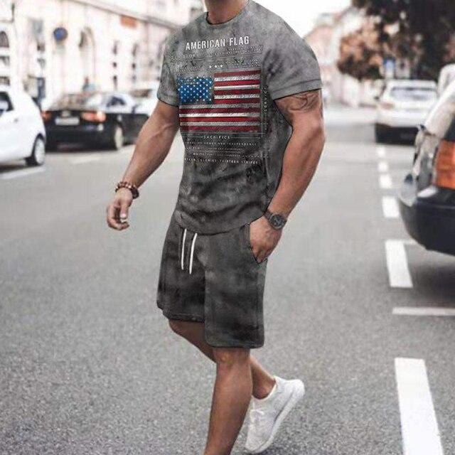 Summer New Men Casual Sports Suit Short Sleeve T Shirt+Shorts Vintage Flag Print Clothes 2 Pieces Set Oversize Tracksuit For Man