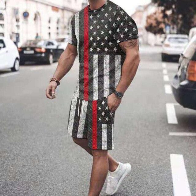 Summer New Men Casual Sports Suit Short Sleeve T Shirt+Shorts Vintage Flag Print Clothes 2 Pieces Set Oversize Tracksuit For Man