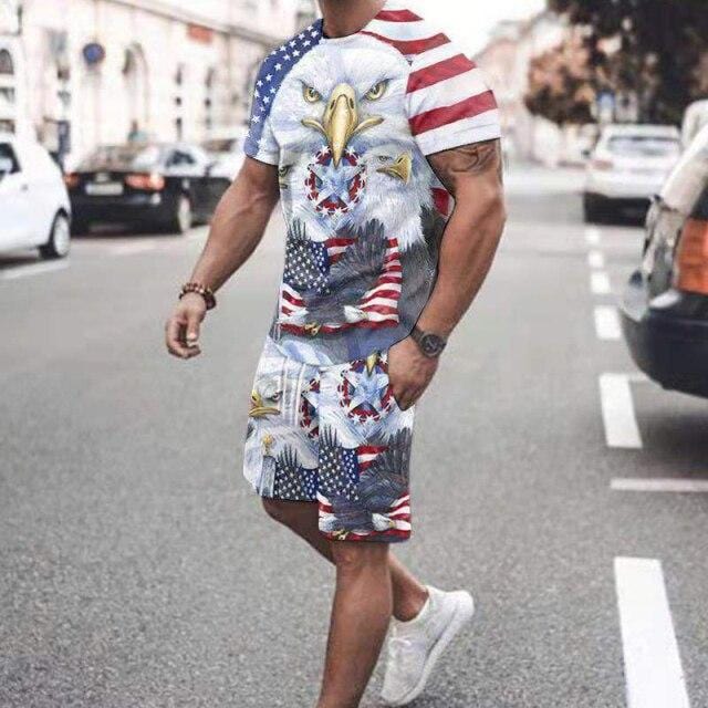 Summer New Men Casual Sports Suit Short Sleeve T Shirt+Shorts Vintage Flag Print Clothes 2 Pieces Set Oversize Tracksuit For Man