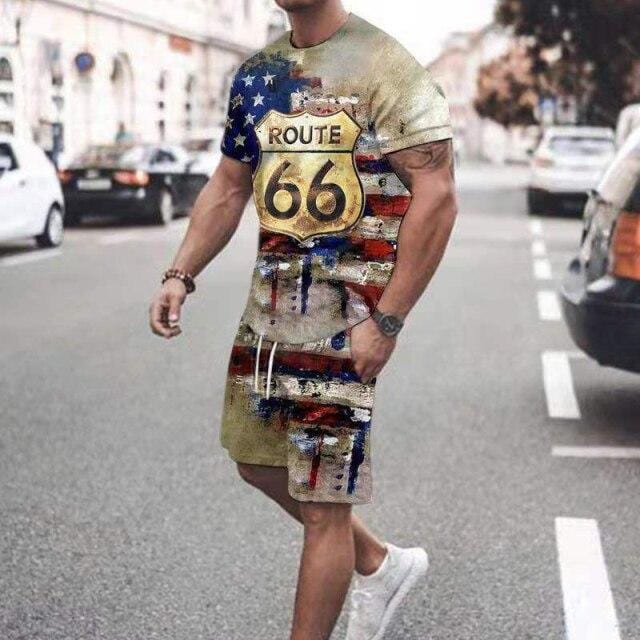 Summer New Men Casual Sports Suit Short Sleeve T Shirt+Shorts Vintage Flag Print Clothes 2 Pieces Set Oversize Tracksuit For Man