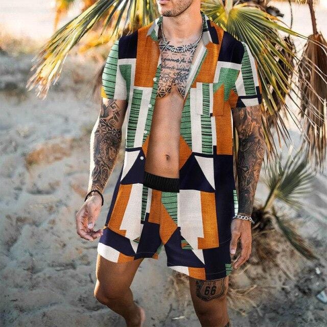 Fashion Hawaiian Loose Suit Men's 2-piece Geometric Irregularity Print Short Sleeve Shirt And Beach Shorts Men Daily Casual Set