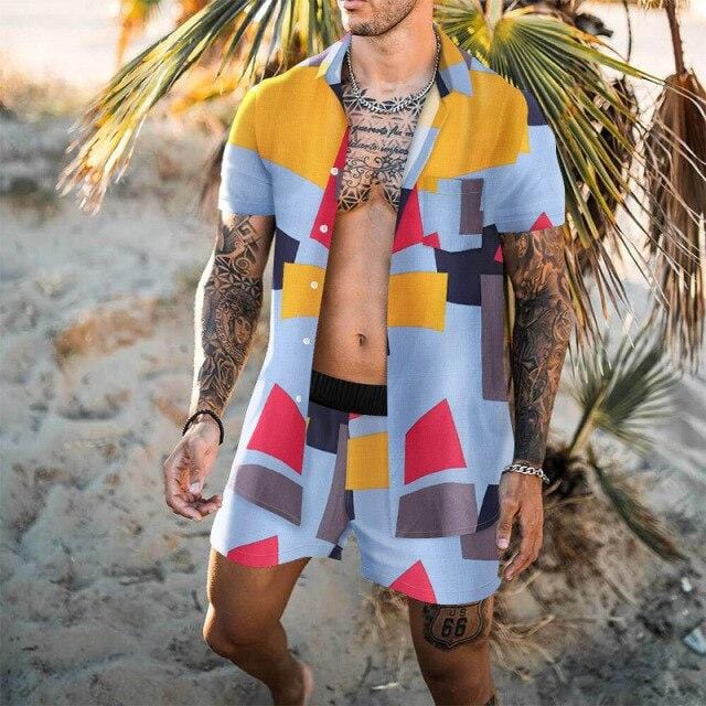 Fashion Hawaiian Loose Suit Men's 2-piece Geometric Irregularity Print Short Sleeve Shirt And Beach Shorts Men Daily Casual Set