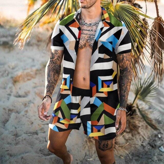 Fashion Hawaiian Loose Suit Men's 2-piece Geometric Irregularity Print Short Sleeve Shirt And Beach Shorts Men Daily Casual Set