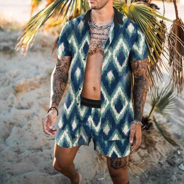 Fashion Hawaiian Loose Suit Men's 2-piece Geometric Irregularity Print Short Sleeve Shirt And Beach Shorts Men Daily Casual Set