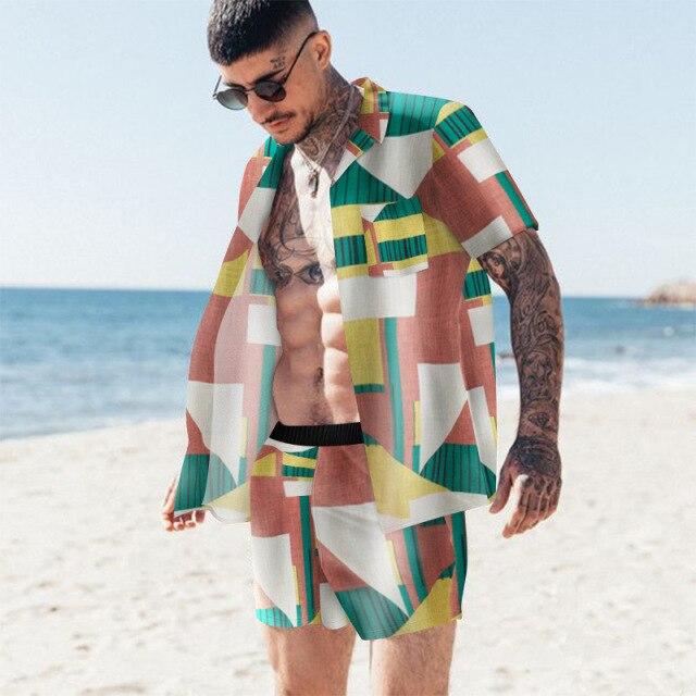 Fashion Hawaiian Loose Suit Men's 2-piece Geometric Irregularity Print Short Sleeve Shirt And Beach Shorts Men Daily Casual Set