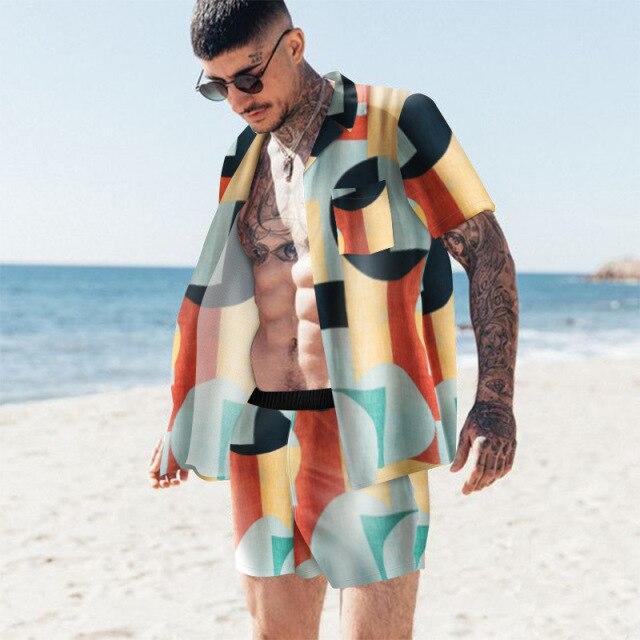 Fashion Hawaiian Loose Suit Men's 2-piece Geometric Irregularity Print Short Sleeve Shirt And Beach Shorts Men Daily Casual Set