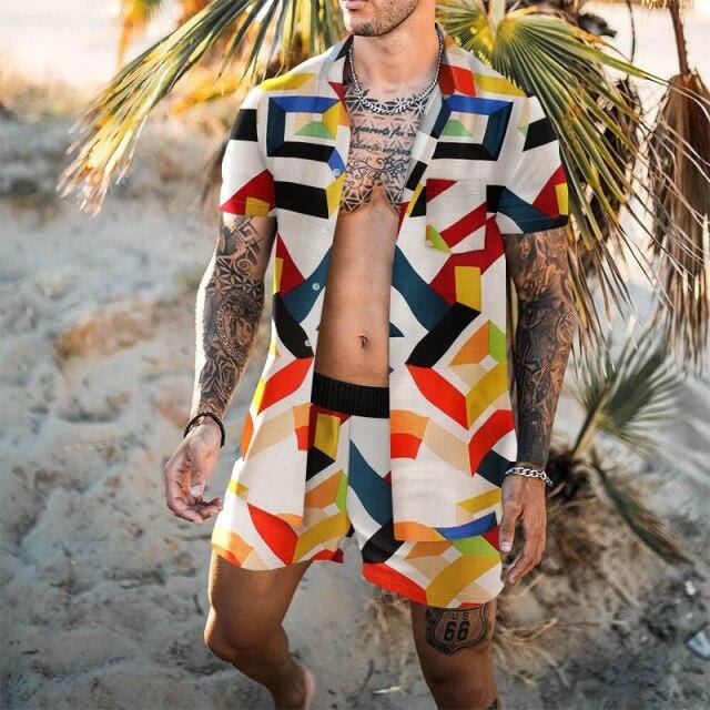 Fashion Hawaiian Loose Suit Men's 2-piece Geometric Irregularity Print Short Sleeve Shirt And Beach Shorts Men Daily Casual Set