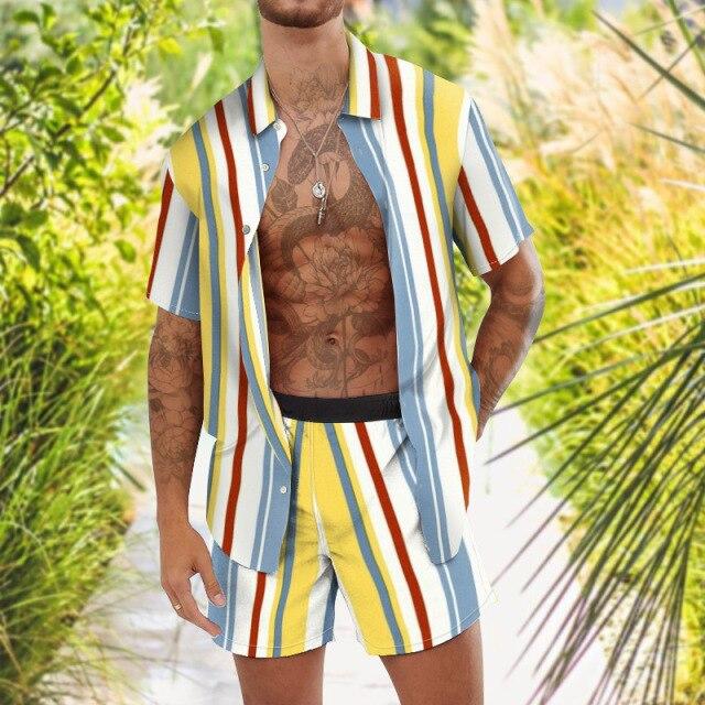 Fashion Hawaiian Loose Suit Men's 2-piece Geometric Irregularity Print Short Sleeve Shirt And Beach Shorts Men Daily Casual Set