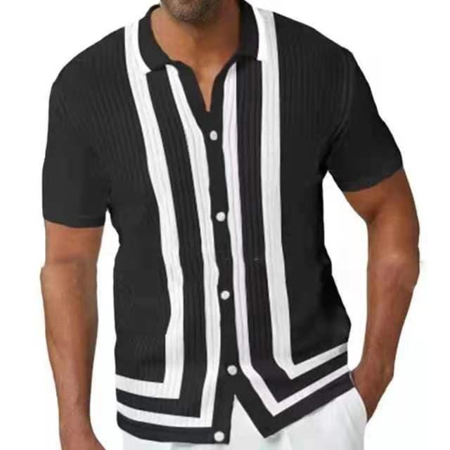 New Vintage Patchwork Shirt For Men  Casual Loose Short Sleeve Shirts Summer Mens Fashion Buttoned Lapel Tops Streetwear