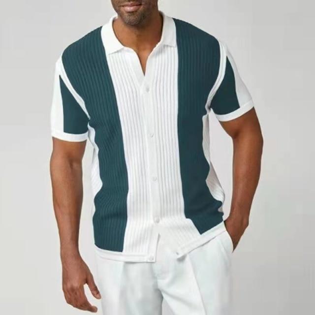 New Vintage Patchwork Shirt For Men  Casual Loose Short Sleeve Shirts Summer Mens Fashion Buttoned Lapel Tops Streetwear