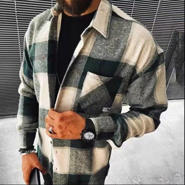 Vintage Fashion Pockets Oversized Plaid Shirt  Lapel Collar Long Sleeve Shirt For Men Loose Outerwear Cardigan Coat Autumn