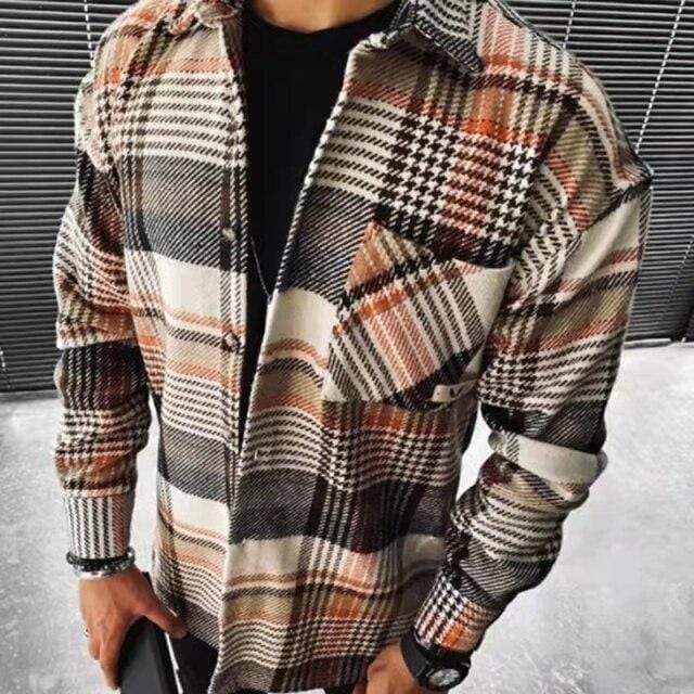 Vintage Fashion Pockets Oversized Plaid Shirt  Lapel Collar Long Sleeve Shirt For Men Loose Outerwear Cardigan Coat Autumn