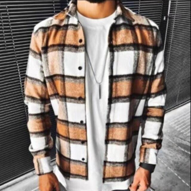 Vintage Fashion Pockets Oversized Plaid Shirt  Lapel Collar Long Sleeve Shirt For Men Loose Outerwear Cardigan Coat Autumn