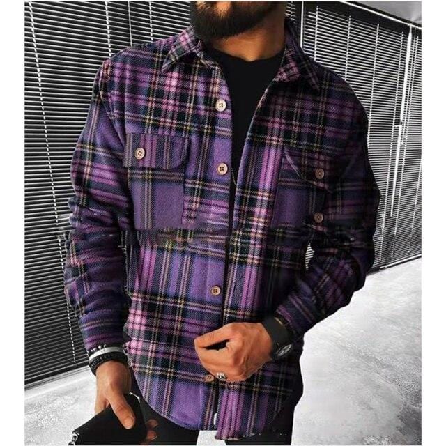 Vintage Fashion Pockets Oversized Plaid Shirt  Lapel Collar Long Sleeve Shirt For Men Loose Outerwear Cardigan Coat Autumn