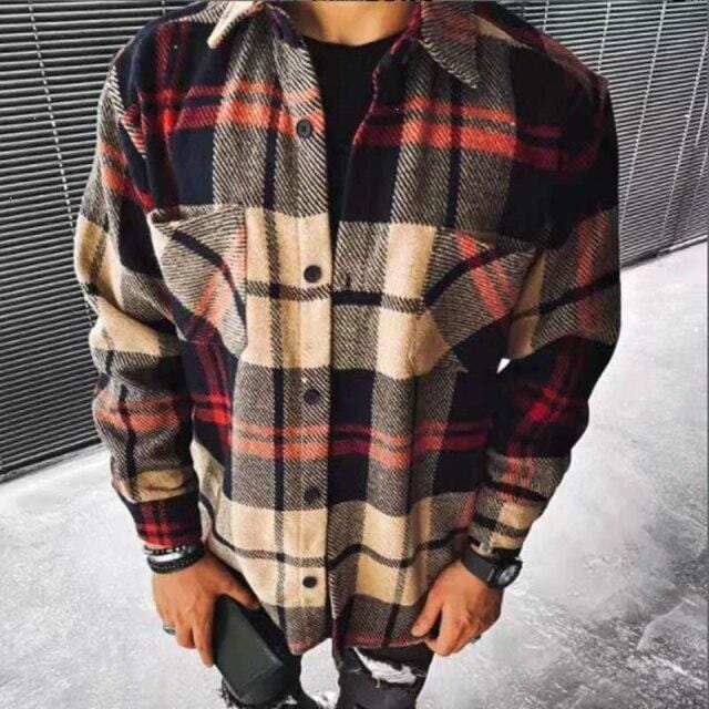 Vintage Fashion Pockets Oversized Plaid Shirt  Lapel Collar Long Sleeve Shirt For Men Loose Outerwear Cardigan Coat Autumn