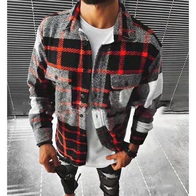 Vintage Fashion Pockets Oversized Plaid Shirt  Lapel Collar Long Sleeve Shirt For Men Loose Outerwear Cardigan Coat Autumn