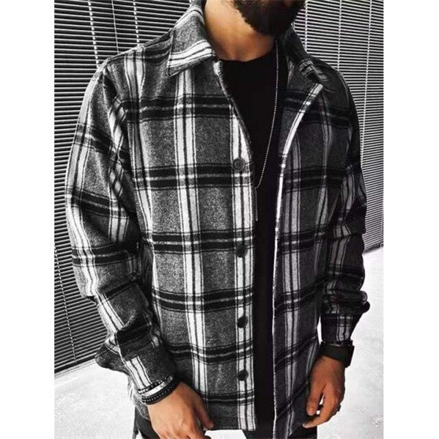 Vintage Fashion Pockets Oversized Plaid Shirt  Lapel Collar Long Sleeve Shirt For Men Loose Outerwear Cardigan Coat Autumn