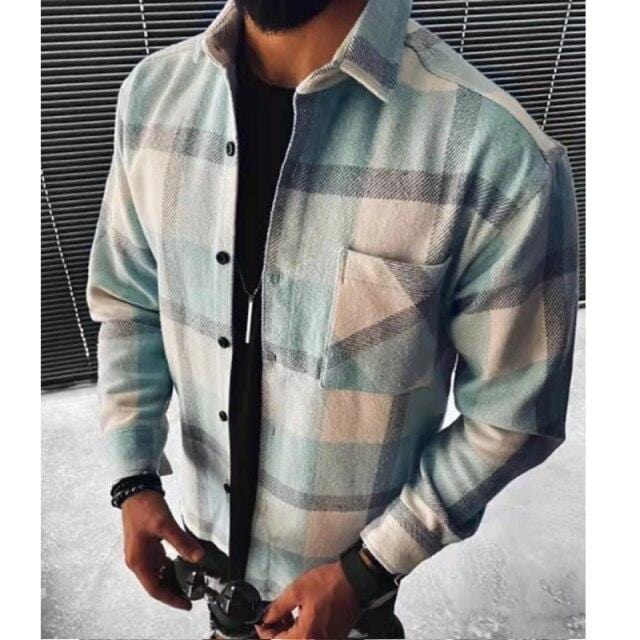 Vintage Fashion Pockets Oversized Plaid Shirt  Lapel Collar Long Sleeve Shirt For Men Loose Outerwear Cardigan Coat Autumn