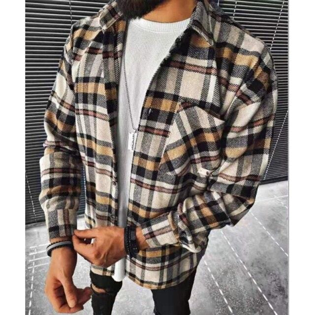 Vintage Fashion Pockets Oversized Plaid Shirt  Lapel Collar Long Sleeve Shirt For Men Loose Outerwear Cardigan Coat Autumn