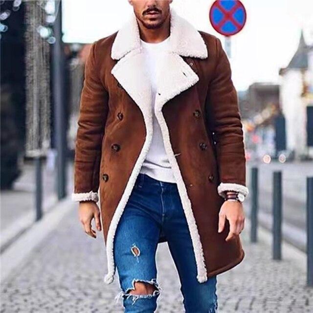 Men's Coat Faux Leather Fleece Fur Solid Color Long Hooded Jacket Imitation Leather Trench Coats Winter Warm Long Overcoat Male