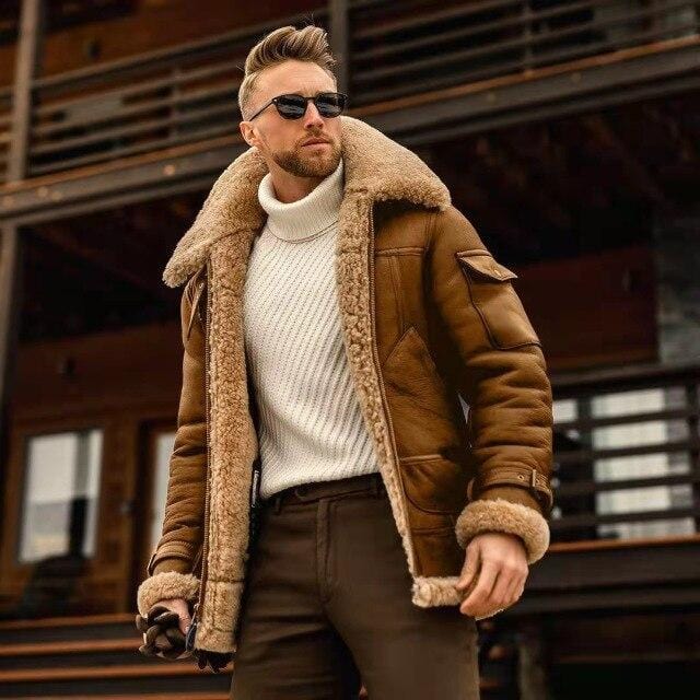 Winter Thicken Fur Lapel Collar Long Sleeve Padded Leather Jacket Medieval Vintage Cashmere Men's Coat Thickened  Men Outerwear