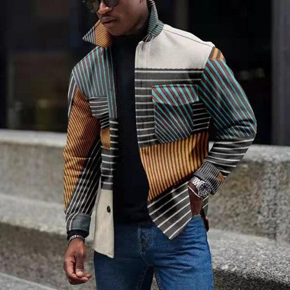 New Casual Oversized Loose Coat Men Jacket Autumn Stripe Splicing Jacket Buttons Pocket Long Sleeve Cardigan Male Outerwear