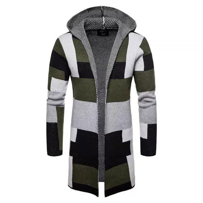 Autumn Winter New Men's Sweater Casual Color Matching Mid-length Loose Thick Hooded Knitted Men's Coat Cardigan Jacket