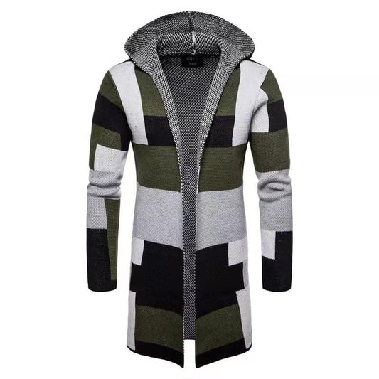 2021 Autumn Winter New Men's Sweater Casual Color Matching Mid-length Loose Thick Hooded Knitted Men's Coat Cardigan Jacket