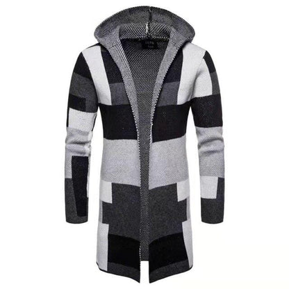 Autumn Winter New Men's Sweater Casual Color Matching Mid-length Loose Thick Hooded Knitted Men's Coat Cardigan Jacket