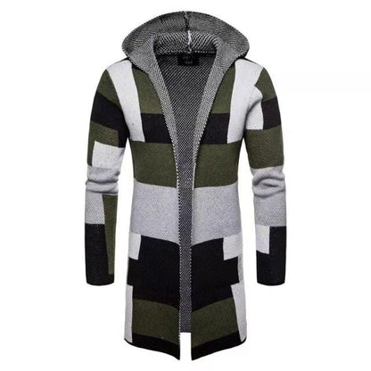 Autumn Winter New Men's Sweater Casual Color Matching Mid-length Loose Thick Hooded Knitted Men's Coat Cardigan Jacket