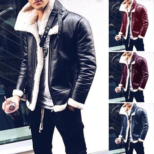 Casual Composite Leather Jackets Coat Men Vintage Winter Solid Warm Turn-down Collar Button Long Sleeve Coats For Men Streetwear