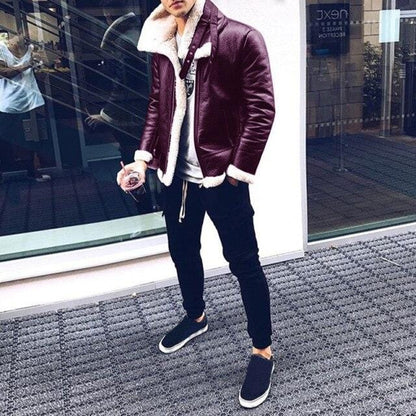 Casual Composite Leather Jackets Coat Men Vintage Winter Solid Warm Turn-down Collar Button Long Sleeve Coats For Men Streetwear